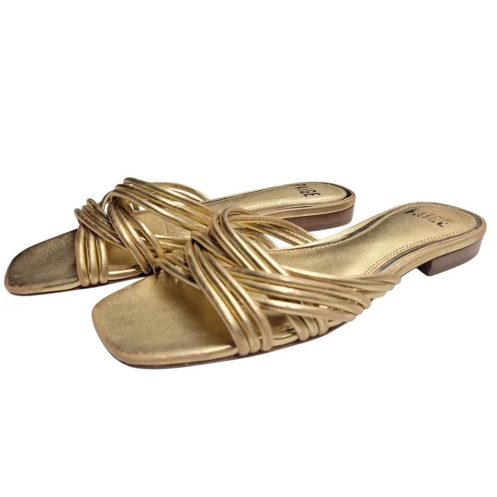 Paige Womens Dina Strap Square Toe Leather Gold Slide Sandal Sz 7 - Picture 2 of 7
